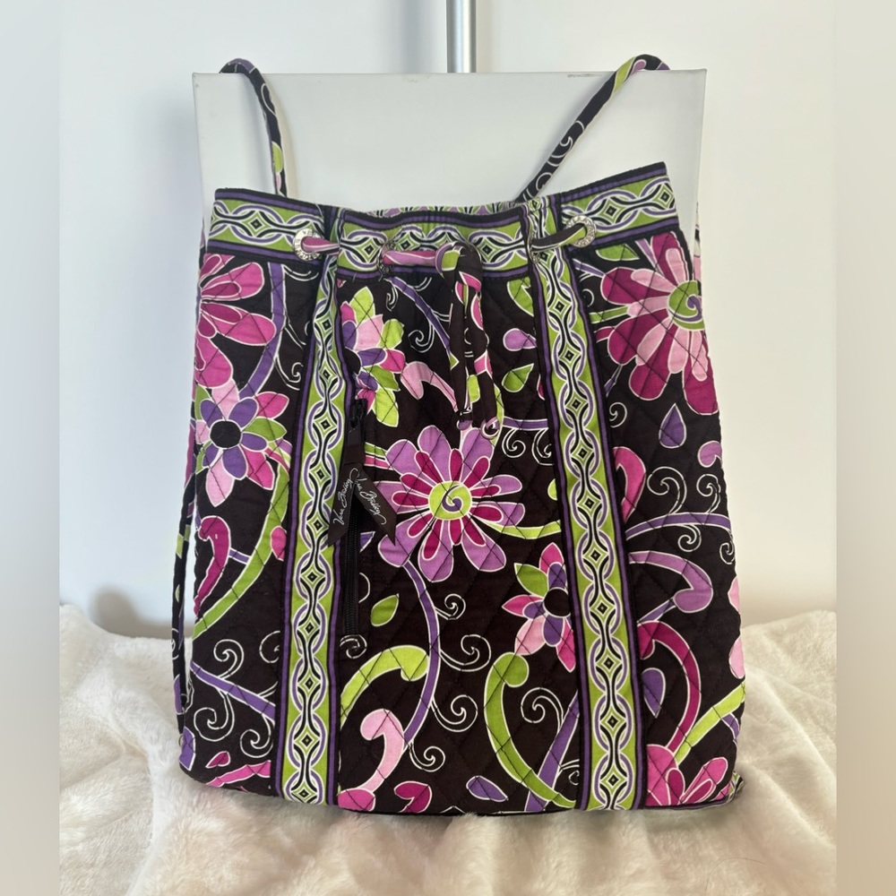 Vera Bradley Purple Punch Floral Black Green Pink Quilted Drawstring Backpack
